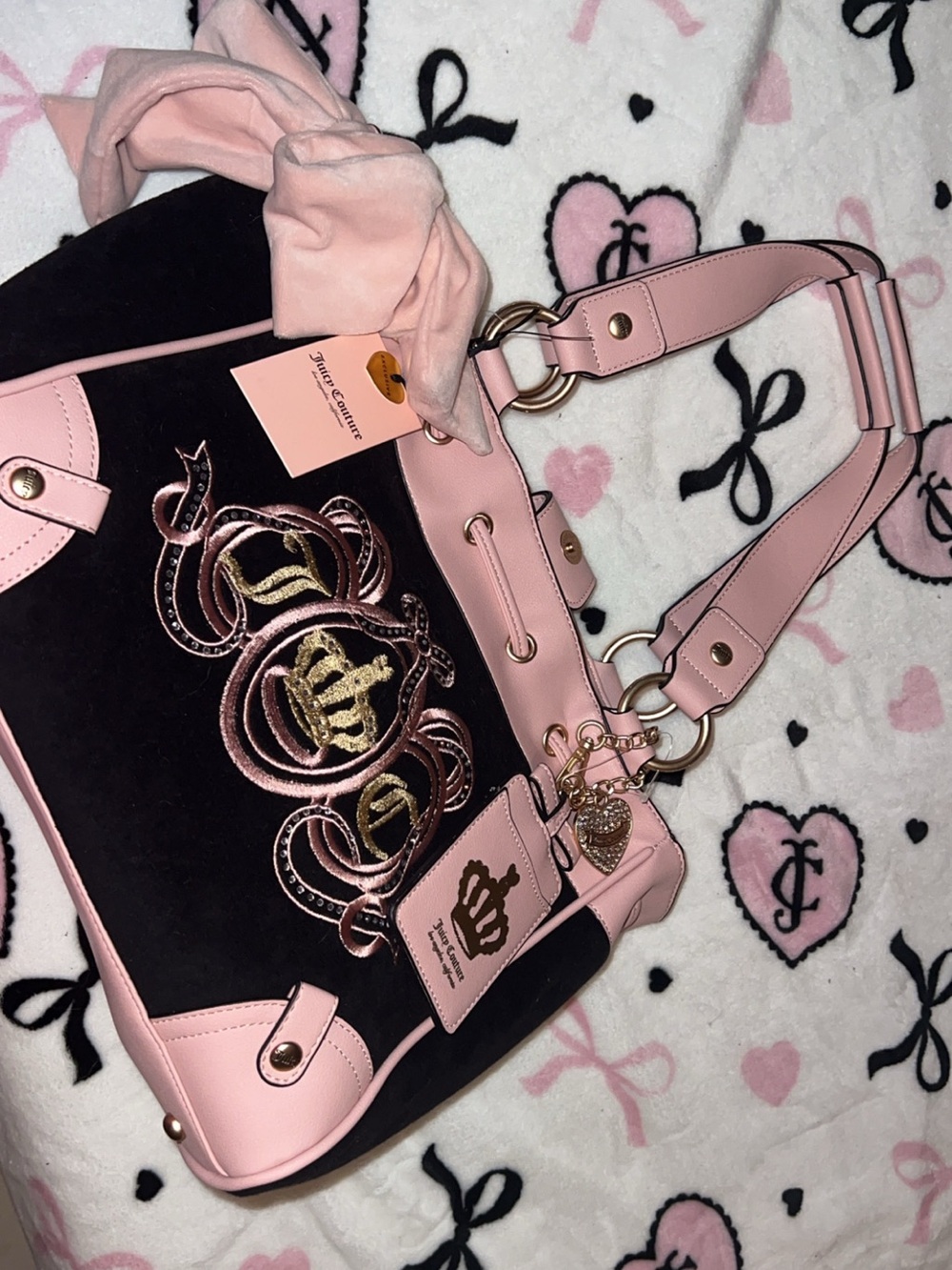 Juicy Couture Pink and Black Embroidered Shoulder Bag daydreamer